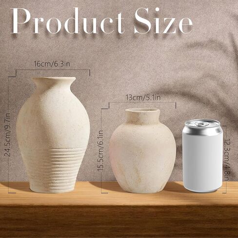 2 Pcs Rustic Farmhouse Vase Terracotta Clay Vase White Pottery Decorative Flower Pot Vintage Decor for Table, Living Room, Shelf, Mantel Decoration in Kuwait