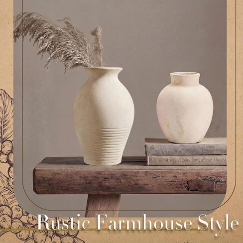 2 Pcs Rustic Farmhouse Vase Terracotta Clay Vase White Pottery Decorative Flower Pot Vintage Decor for Table, Living Room, Shelf, Mantel Decoration in Kuwait