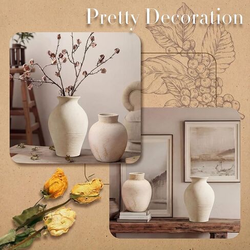 2 Pcs Rustic Farmhouse Vase Terracotta Clay Vase White Pottery Decorative Flower Pot Vintage Decor for Table, Living Room, Shelf, Mantel Decoration in Kuwait