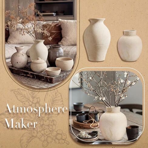 2 Pcs Rustic Farmhouse Vase Terracotta Clay Vase White Pottery Decorative Flower Pot Vintage Decor for Table, Living Room, Shelf, Mantel Decoration in Kuwait