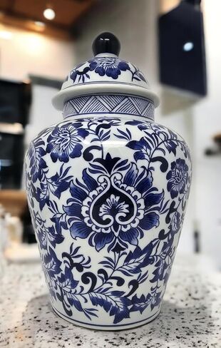 Festcool 12.5" Blue and White Porcelain Floral Temple Ginger Jar Vase, China Qing Style (Blue) in Kuwait