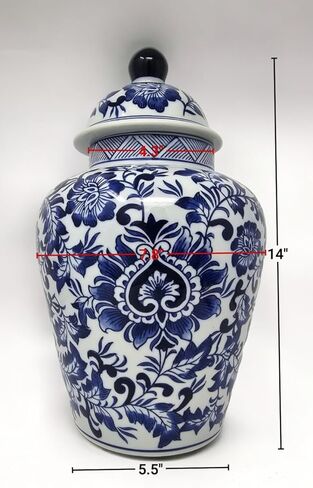 Festcool 12.5" Blue and White Porcelain Floral Temple Ginger Jar Vase, China Qing Style (Blue) in Saudi Arabia