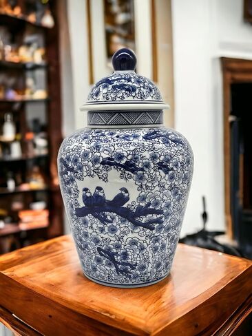 Festcool 12.5" Blue and White Porcelain Floral Temple Ginger Jar Vase, China Qing Style (Blue) in Saudi Arabia