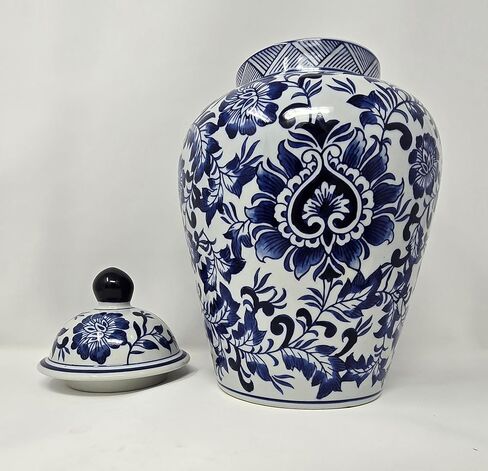 Festcool 12.5" Blue and White Porcelain Floral Temple Ginger Jar Vase, China Qing Style (Blue) in Saudi Arabia