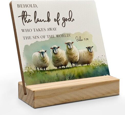 Easter Christian Lamb Desk Decor, Lamb Decor, Religious Quotes Easter Wood Plaque, Christian Bible Verse the Lamb of God Wooden Plaque Sign with Wood Stand for Home Office Decor in Saudi Arabia