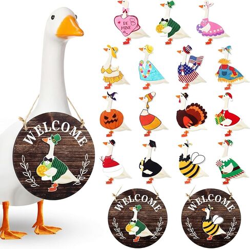 16 قطعة من علامة ترحيب أوزة الشرفة قابلة للتبديل الموسمية لعطلة عيد القديس باتريك مع مغناطيس إوز خشبي لتمثال خارجي للشرفة البلاستيكية الأسمنتية مقاس 23 بوصة (بني، بيضاوي) in Kuwait