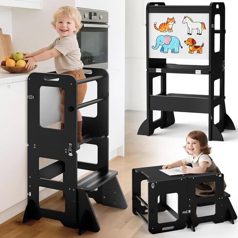4-in-1 Toddler Kitchen Step Stool, Foldable Learning Standing Tower with Chalkboard and Whiteboard, Wooden Kitchen Stool Helper for Kids, 1-3 Year Old Boy Girl Gifts in Saudi Arabia