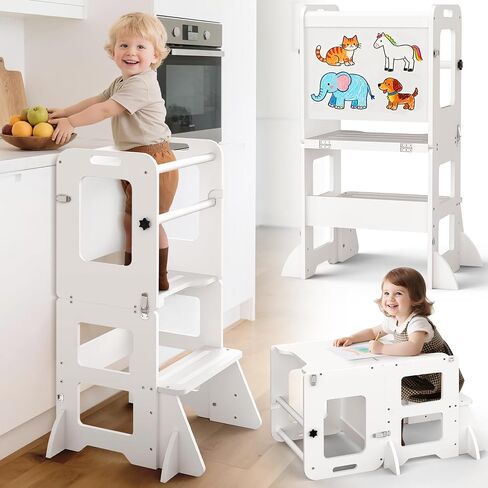4-in-1 Toddler Kitchen Step Stool, Foldable Learning Standing Tower with Chalkboard and Whiteboard, Wooden Kitchen Stool Helper for Kids, 1-3 Year Old Boy Girl Gifts in Saudi Arabia