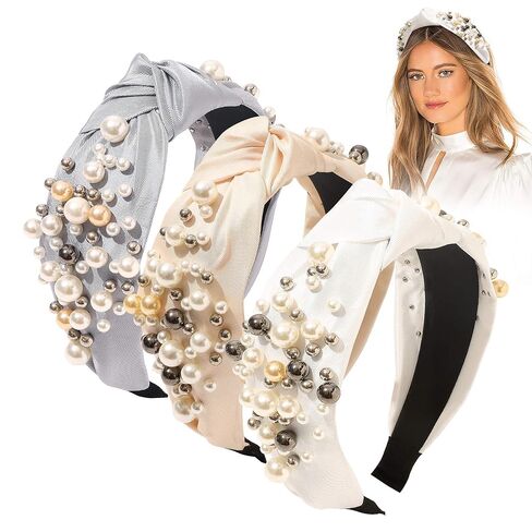 Ivyu Headbands - Knotted Pearl Diademas Para Mujer De Moda Hair Accessories Hairbands for Girls No Slip Fashion Cute Top Knot Headband Gift for Women Black Pink Gold in Kuwait