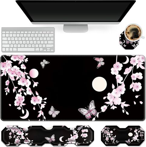 RYUITHDJP Large Mouse Pad for Gaming+Keyboard Wrist Rest+Wrist Support+Coaster Set of 4, XXL Extended Gaming Mouse Pad Desk Pad Easy Typing Pain Relief Non Skid Base Desk Mat-Cherry Blossom in Kuwait