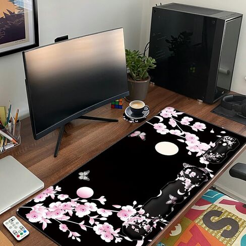 RYUITHDJP Large Mouse Pad for Gaming+Keyboard Wrist Rest+Wrist Support+Coaster Set of 4, XXL Extended Gaming Mouse Pad Desk Pad Easy Typing Pain Relief Non Skid Base Desk Mat-Cherry Blossom in Kuwait