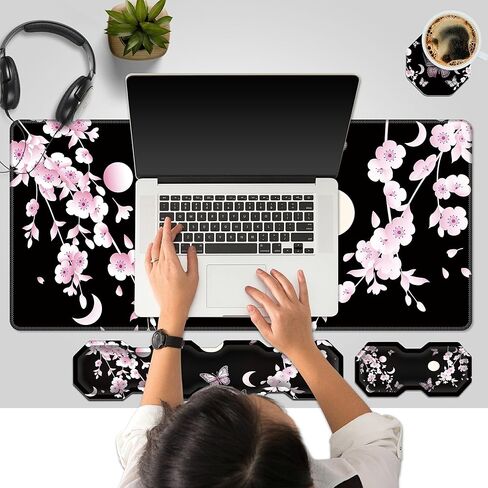 RYUITHDJP Large Mouse Pad for Gaming+Keyboard Wrist Rest+Wrist Support+Coaster Set of 4, XXL Extended Gaming Mouse Pad Desk Pad Easy Typing Pain Relief Non Skid Base Desk Mat-Cherry Blossom in Kuwait