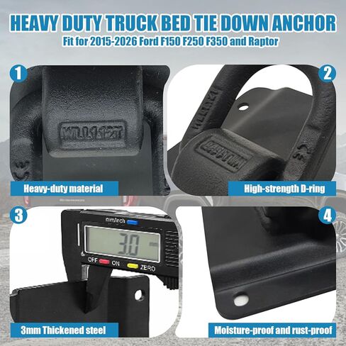 مثبتات ربط لسرير الشاحنة شديدة التحمل لسيارة Ford F150 F250 F350 & Raptor 2015–2026 - بديل لـ FL3Z-99000A64-B & FL3Z-9928408-AB، مثبتات ربط البضائع المتوافقة مع BoxLink مع حلقة D (4 عبوات) in Kuwait