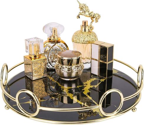 Zosenley Makeup Organizer Tray, Decorative Glass Vanity Tray for Perfume, Jewelry and Decor, Round Cosmetic Storage for Dresser, Bathroom Counter, Ottoman and Coffee Table, Size 11.4"D x 2.4"H in Kuwait