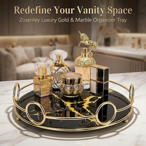 Zosenley Makeup Organizer Tray, Decorative Glass Vanity Tray for Perfume, Jewelry and Decor, Round Cosmetic Storage for Dresser, Bathroom Counter, Ottoman and Coffee Table, Size 11.4"D x 2.4"H in Kuwait