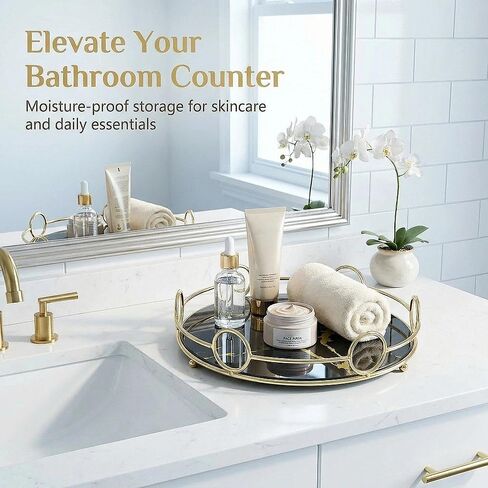 Zosenley Makeup Organizer Tray, Decorative Glass Vanity Tray for Perfume, Jewelry and Decor, Round Cosmetic Storage for Dresser, Bathroom Counter, Ottoman and Coffee Table, Size 11.4"D x 2.4"H in Kuwait