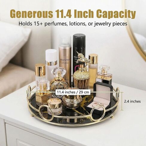 Zosenley Makeup Organizer Tray, Decorative Glass Vanity Tray for Perfume, Jewelry and Decor, Round Cosmetic Storage for Dresser, Bathroom Counter, Ottoman and Coffee Table, Size 11.4"D x 2.4"H in Kuwait