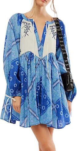 Womens Bohemian Mini Dress Floral Embroidered Tie Neck 3/4 Long Sleeve Sundress Casual Bohemian Loose Beach Babydoll Blue in Kuwait