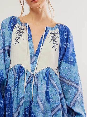 Womens Bohemian Mini Dress Floral Embroidered Tie Neck 3/4 Long Sleeve Sundress Casual Bohemian Loose Beach Babydoll Blue in Kuwait