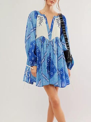 Womens Bohemian Mini Dress Floral Embroidered Tie Neck 3/4 Long Sleeve Sundress Casual Bohemian Loose Beach Babydoll Blue in Kuwait