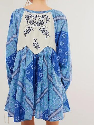 Womens Bohemian Mini Dress Floral Embroidered Tie Neck 3/4 Long Sleeve Sundress Casual Bohemian Loose Beach Babydoll Blue in Kuwait