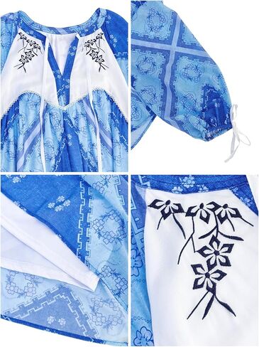 Womens Bohemian Mini Dress Floral Embroidered Tie Neck 3/4 Long Sleeve Sundress Casual Bohemian Loose Beach Babydoll Blue in Kuwait