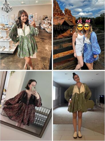 Womens Bohemian Mini Dress Floral Embroidered Tie Neck 3/4 Long Sleeve Sundress Casual Bohemian Loose Beach Babydoll Blue in Kuwait