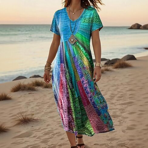 Women's Gradient Blue Floral Print V-Neck Short Sleeve Midi Dress, Loose Fit Elegant Casual Dress for Spring Summer in Saudi Arabia