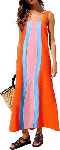 Yidarer Women's Summer Color Block Maxi Dress Adjustable Straps Boho Beach Sundress Casual Vacation Outfits with Pockets in Kuwait