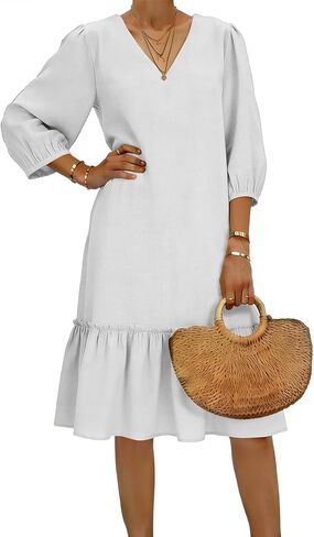 Cotton Dress for Women's 2026 Fashion V Neck Ruffle Pleated Knee Length Dress 3/4 Sleeves Gauze Bodycon Beach Clothes in Saudi Arabia