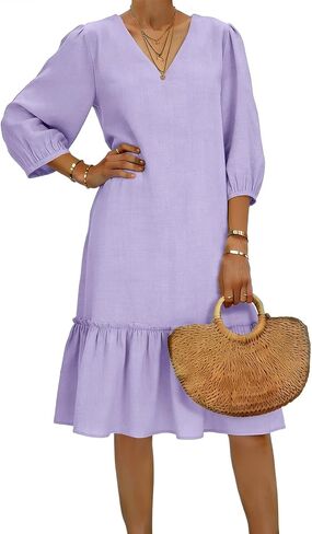 Cotton Dress for Women's 2026 Fashion V Neck Ruffle Pleated Knee Length Dress 3/4 Sleeves Gauze Bodycon Beach Clothes in Saudi Arabia
