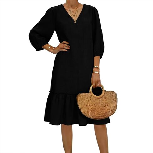 Cotton Dress for Women's 2026 Fashion V Neck Ruffle Pleated Knee Length Dress 3/4 Sleeves Gauze Bodycon Beach Clothes in Saudi Arabia