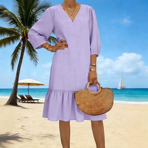 Cotton Dress for Women's 2026 Fashion V Neck Ruffle Pleated Knee Length Dress 3/4 Sleeves Gauze Bodycon Beach Clothes in Saudi Arabia