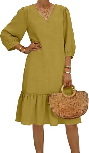 Cotton Dress for Women's 2026 Fashion V Neck Ruffle Pleated Knee Length Dress 3/4 Sleeves Gauze Bodycon Beach Clothes in Saudi Arabia