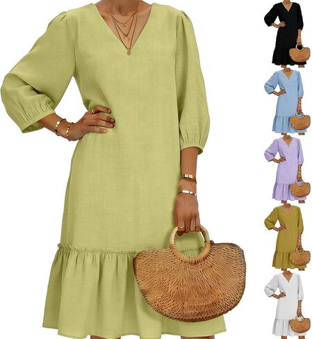 Cotton Dress for Women's 2026 Fashion V Neck Ruffle Pleated Knee Length Dress 3/4 Sleeves Gauze Bodycon Beach Clothes in Saudi Arabia
