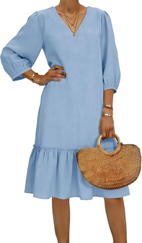 Cotton Dress for Women's 2026 Fashion V Neck Ruffle Pleated Knee Length Dress 3/4 Sleeves Gauze Bodycon Beach Clothes in Saudi Arabia