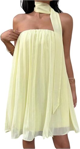 فستان بيبي دول قصير مكشكش بدون حمالات للنساء من GORGLITTER فستان زفاف بدون أكمام شبكي بطيات على شكل حرف A مع وشاح in Kuwait