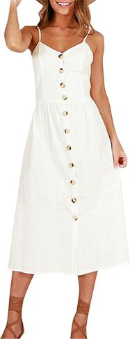 YMING Womens Summer Spaghetti Strap Dresses Button Down Floral Sundress High Waist Swing Midi Dress with Pockets in Kuwait