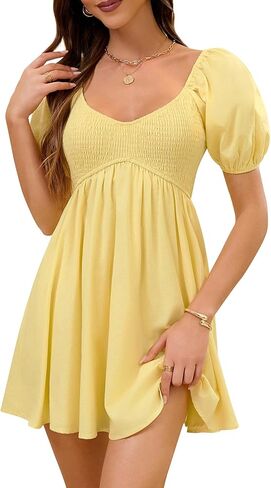 Women's Summer Casual Puff Sleeve Babydoll Dress V Neck Empire Waist Boho Swing Sundresses Beach Mini Dresses in Kuwait