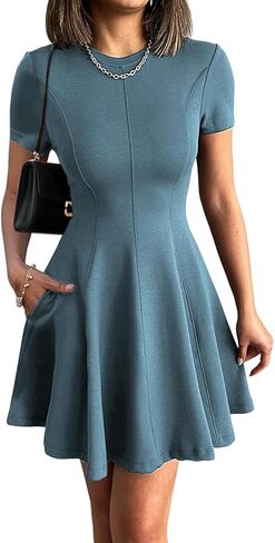 Women's Summer Semi Formal Dress Short Sleeve A Line Ruffle Mini Short Dresses for Casual Business Work with Pockets in Kuwait