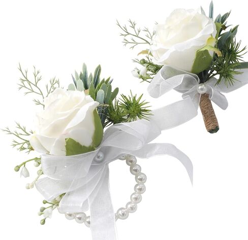 Floroom Ivory Rose Wrist Corsage Wristlet Band Bracelet and Men Boutonniere Set for White Wedding Flower Accessories Prom Suit Decorations in Kuwait