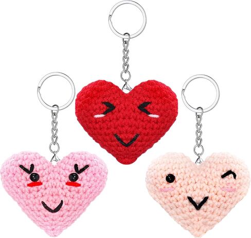 Quelay 3 Pcs Crochet Heart Keychain with Cute Emotion for Coin Purse Backpack Bag Charm Gifts Girls Appreciation Exchange Social Handmade Keychain Gifts for Coworker Office Favor in Saudi Arabia