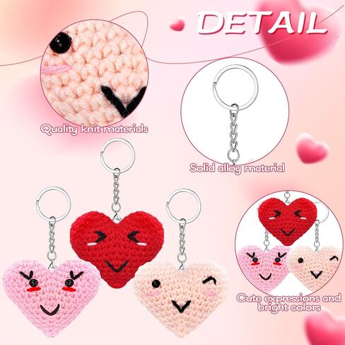 Quelay 3 Pcs Crochet Heart Keychain with Cute Emotion for Coin Purse Backpack Bag Charm Gifts Girls Appreciation Exchange Social Handmade Keychain Gifts for Coworker Office Favor in Saudi Arabia