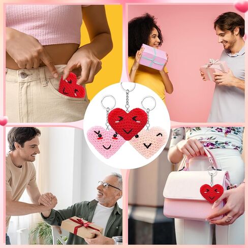 Quelay 3 Pcs Crochet Heart Keychain with Cute Emotion for Coin Purse Backpack Bag Charm Gifts Girls Appreciation Exchange Social Handmade Keychain Gifts for Coworker Office Favor in Saudi Arabia