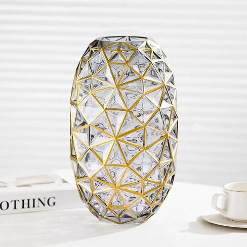 مزهرية كريستال زجاجية على شكل ألماس مطلية يدويًا باللون الذهبي والرمادي بطول 13.6 بوصة، ديكور مكتب منزلي زجاجي كبير عصري لغرفة المعيشة قطع مركزية لطاولة الطعام وأعياد الميلاد والزفاف in Kuwait
