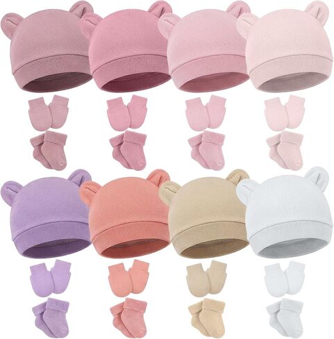 Geyoga 8 Pack Preemie Hats Mittens and Socks Set Cotton Preemie Caps No Scratch Preemie Mittens Warm Terry Socks for Preemie Baby Nicu Gifts in Saudi Arabia