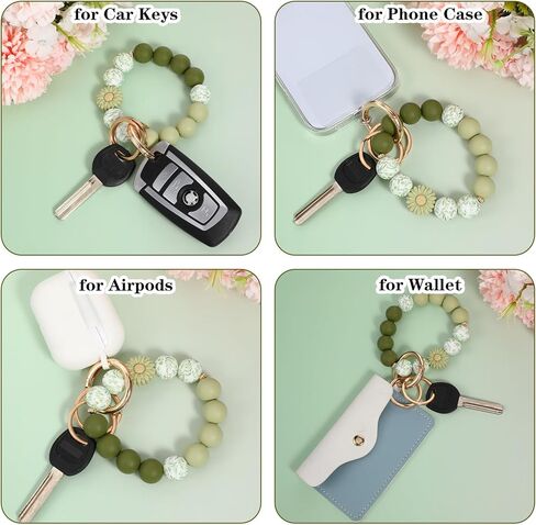 سيليكون مطرز سلسلة المفاتيح المعصم لطيف حلقة رئيسية سوار سلسلة المفاتيح المرنة السوار مع 2 مفاتيح حلقات مفاتيح السيارة سلسلة سلاسل المفاتيح حامل الإسورة للنساء (الأخضر) in Kuwait