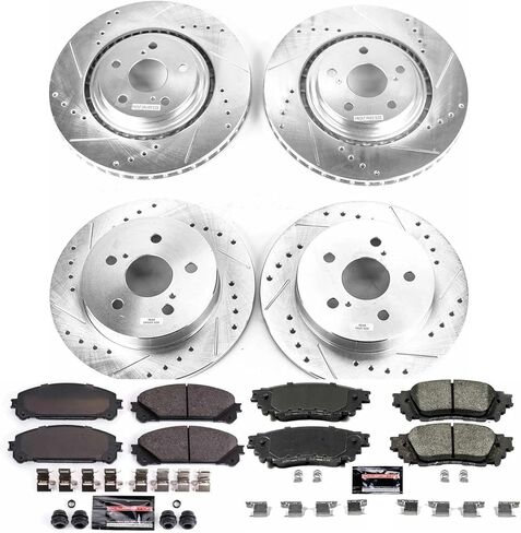 طقم فرامل أمامية وخلفية PowerStop لسيارة Lexus NX200t 2015-17 |NX300 2018-21 |NX300h 2015-21 - دوارات قرصية محفورة ومشقوقة مع استبدال وسادات الفرامل السيراميكية، K7605 in Saudi Arabia
