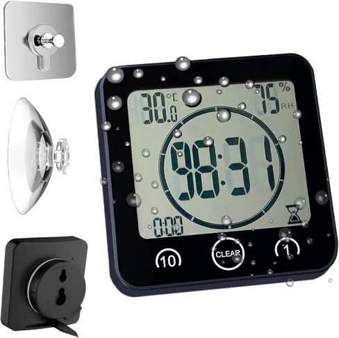 Timer Waterproof for Shower, Water Resistant Bathroom Wall Clock with Suction, Large Countdown Visual Timer for Kids, Digital Outdoor Hanging Clock with Temperature and Humidity Display (Black) in Kuwait