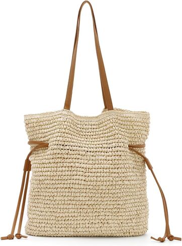 Fecialy Women's Straw Bags Woven Summer Handbag Beach Tote Purses Drawstring Shoulder Bag Large Handmade Bag in Kuwait